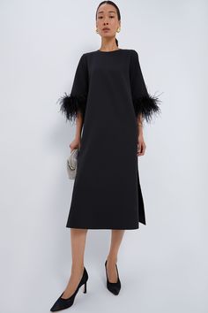 Black Feather Jamie Dress | Tuckernuck Tuckernuck Dress, Cocktail Dress Code, Feather Cuffs, Holiday Cocktail, Cocktail Attire, Black Feathers, Cocktail Parties, Double Knit, Night Looks