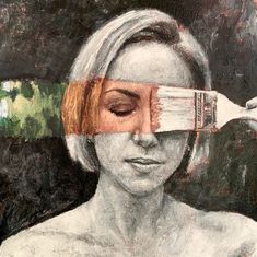 a painting of a woman holding a paintbrush over her eye