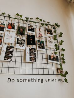 there are many pictures on the wall with vines growing out of it and words that read do something amazing