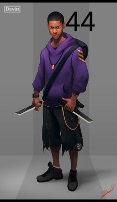 a man with two swords in his hand and wearing a purple hoodie, standing on a gray background