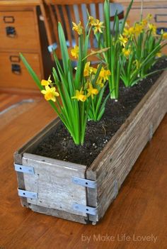 some yellow flowers in a wooden box on a table