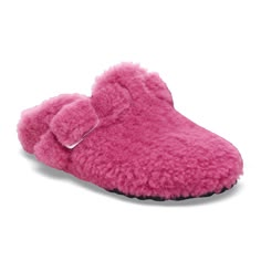 Boston Big Buckle Shearling Fuchsia Tulip | BIRKENSTOCK Shearling Slippers With Textured Footbed And Round Toe, Winter Clogs With Buckle Closure And Round Toe, Winter Shearling Slippers With Textured Footbed, Winter Shearling Mules, Pink Round Toe Clogs For Winter, Pink Winter Clogs, Sheepskin Clogs, Boston Big Buckle, Fye Outfits