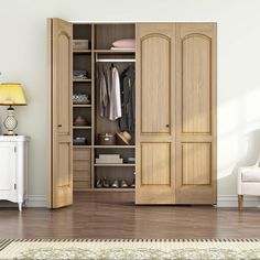 an empty room with a white chair and wooden closets in the corner, next to a rug on the floor