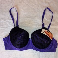 Slightly Padded Cups, Lace Covered Cups With Solid Color Bands, Underwire, 3 Row Clasp Purple Underwire Bra With Removable Pads, Purple Push-up Bra With Padded Cups, Purple Fitted Bra With Removable Pads, Fitted Purple Bra With Removable Pads, Purple Underwire Bra Partially Lined, Fitted Purple Bra With Padded Cups, Fitted Purple Bra Partially Lined, Purple Partially Lined Underwire Bra, Fitted Partially Lined Purple Bra