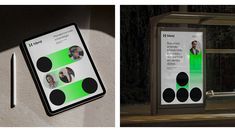 two different views of an elevator with green and black buttons