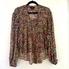 Isabel Marant Orionea Floral-Print Blouse -Sheer Flowy Button Button Down Floral Silk Top -Tags Removed, But Never Been Worn -Size 42 (French), Equivalent To 10 Us -100% Silk Luxury Multicolor Floral Print Blouse, Isabel Marant Blouse, Isabel Marant Shirt, Multicolor Floral Print Peasant Top With V-neck, Multicolor Floral Print Button-up Top, Floral Print Blouses, Yellow Purple, Print Blouse, Sheer Blouse