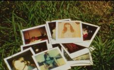 many polaroid photos are laying on the grass