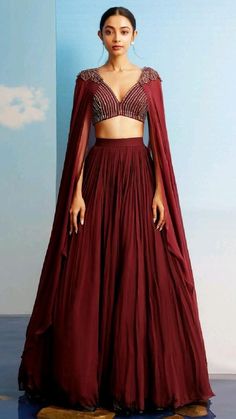 Lehenga Designer Blouse, Georgette Choli Designs, Duppata Attached Blouse, V Neck Lengha Blouse, Cape Sleeve Lehenga, Choli Sleeves Pattern, Dupatta Attached To Blouse, Off The Shoulder Indian Outfit, Cape Lehenga Indian Weddings