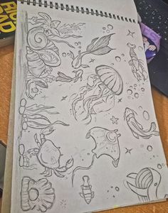 Marine Bio Drawing, Easy To Draw Ocean Animals, Ocean Scenery Drawing, Drawing Inspiration Sketch, Simple Sea Drawing, Ocean Plants Drawing, Sketch Book Opening Page Ideas, Ocean Journal Ideas, Front Page Of Sketchbook Ideas