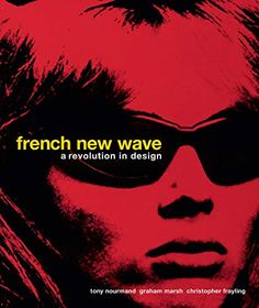 a man wearing sunglasses with the words french new wave in front of his face and red background