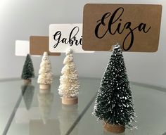 small christmas trees sitting on top of a glass table next to a name tag that says elgar