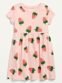 Old Navy Fit & Flare Short-Sleeve Jersey Dress for Toddler Girls Color: Strawberry Field, Yellow Lemons, or Warm Tie Dye PRODUCT DETAILS Rounded neckline. Short sleeves. Seamed, shirred waist. All-over print varies by color. Soft 100% cotton jersey. #660762 or #660777 MATERIALS & CARE 100% cotton Machine wash cold, tumble dry low. Imported. FIT & SIZING Fitted at top with a full skirt. Toddler dress hits below knee. Strawberry Field, Old Navy Toddler Girl, Jumpsuit Fitted, Future Clothes, Toddler Girl Dresses, Baby & Toddler Clothing, Toddler Girl Outfits, Toddler Dress, Full Skirt