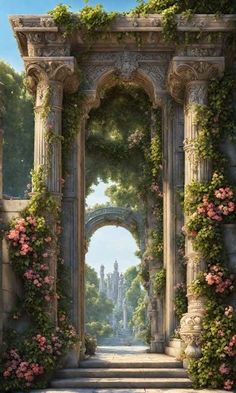 a painting of an archway with flowers growing on it