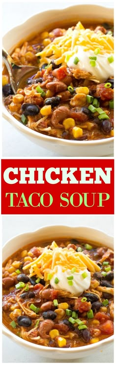 chicken taco soup in a white bowl with a spoon