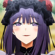 an anime character with purple hair and flowers on her head, looking at the camera