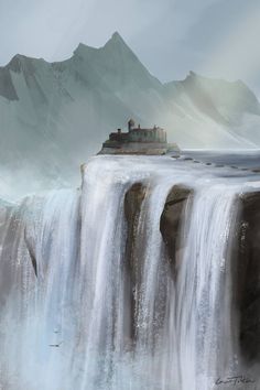 a painting of a waterfall with a small house on the cliff in the middle and mountains in the background