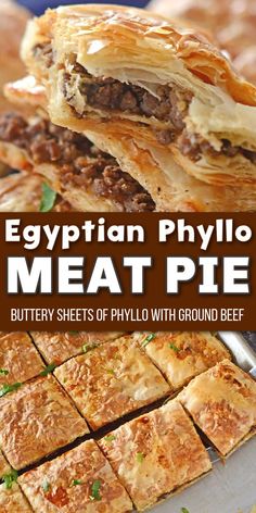 Sheets of buttery phyllo dough stuffed with flavorful ground beef with Pinterest overlay. Phyllo Dough Hamburger Recipes, Meat Pie African, Kullaj Recipe, Ground Beef And Philo Dough, Beef Phyllo Recipes, Fillo Dough Ground Beef, Egyptian Phyllo Meat Pie, Egyptian Ground Beef Recipes, Phyllo Dough Meat Rolls