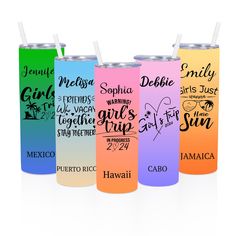 four different colored tumbles with names on them