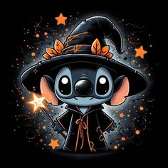 a cartoon character wearing a witches hat and holding a wand with stars in the background