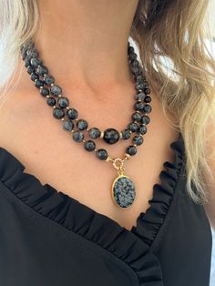 Beaded handmade obsidian and onyx necklace is for women. You can wear this unique gemstone jewelry everyday and it will absolutely add a stylish finishing touch to your look. Beaded statement necklace is suitable for all clothes. It is two strands and you can use seperately or together. You can choose this obsidian necklace for your mom, wife or girlfriend as a birthday gift. If they like black color and gemstone jewelry, this handmade necklace is a perfect gift for them. - Necklace Length: appr Black Agate Beaded Necklace With Gemstones, Obsidian Necklace With Black Round Beads, Obsidian Necklace With Round Black Beads, Obsidian Necklace With Gemstone Beads As Gift, Obsidian Gemstone Beads Necklace For Gift, Obsidian Gemstone Beads Necklace As Gift, Elegant Obsidian Bead Jewelry, Elegant Obsidian Jewelry With Polished Beads, Black Spiritual Double Strand Jewelry