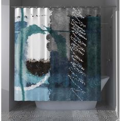 a shower curtain with an abstract painting on it