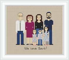 a cross stitch family portrait with the words we love south