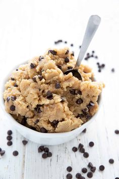 chocolate chip cookie dough in a bowl with spoon