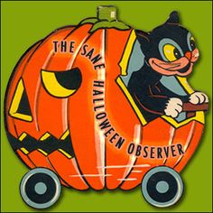 an orange and black cat riding on top of a pumpkin shaped box with the words, the same halloween observer