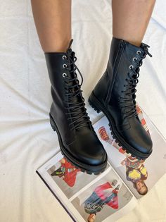 A Handmade pair of Black Leather Combat Boots that are made from 100% real leather and cover your shoes with a comfort and stylish way at the same time. Find them only at Christina Christi Store.  👉 My Leather Shoes Collection: https://etsy.me/3TS9NJ2 👉 Express Shipping: https://etsy.me/3ikUnOM DESCRIPTION - Full Grain Leather. - Sole 3,5 cm height at the back side and 2,5 cm at the front side. - Made in Greece SIZE PROPOSAL - Normal to comfort fit. * 35.5 size could write 35 at the bottom. * Black Leather Lace-up Mid-calf Boots, Trendy Leather Lace-up Boots With Closed Toe, Trendy Leather Lace-up Boots With Flat Heel, Trendy Black Leather Martin Boots, Casual Black Leather Mid-calf Boots, Trendy Leather Ankle Lace-up Boots, Black Leather Martin Boots With Round Toe, Trendy Leather Platform Boots With Closed Toe, Trendy High-top Leather Combat Boots