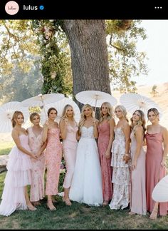 a group of women standing next to each other holding umbrellas in front of a tree