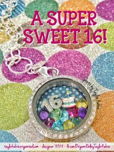 a necklace with the words sweet 16 on it and lots of colorful beads around it