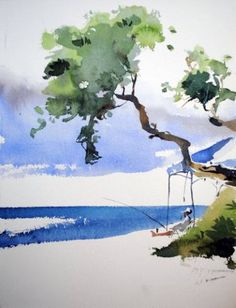 a watercolor painting of a tree and the ocean