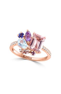 A prong-set morganite and diamond sit square and center upon a 14-karat-rose-gold ring for some essential shine. 0.53"W x 0.47"L setting Total morganite weight: 2.3ct. Total diamond weight: 0.12ct. Color: H–I Clarity: I2 14k rose gold/morganite/diamond Made in the USA Diamond Guide Morganite Diamond Ring, Rose Gold Morganite, Morganite Diamond, Diamond Guide, Effy Jewelry, Jewelry Rings Diamond, Womens Jewelry Rings