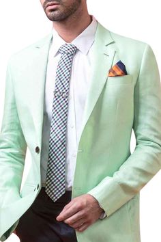 Pastel green blazer jacket with welt pocket.
Components:1
Neckline:Notch lapel collar 
Sleeve Length:Full
Fabric:Linen
Color:Green
Front flap pockets
Closure: Front buttons
Note: The shirt, neck tie, pants and pocket square worn by the model are not for sale. - Aza Fashions Tie Pants, Lapel Jacket, Green Blazer, Linen Color, Jacket For Men, Pastel Green, Jackets Online, Lapel Collar, Pocket Square