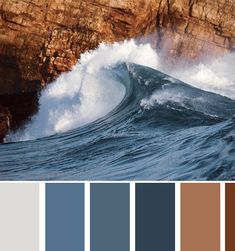 an ocean scene with waves crashing on the rocks and color swatches in shades of blue, brown, and white