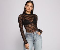 Lace-up in this sultry bodysuit that brings major lace appeal. The bodysuit features a lace bodice. long sleeves. and a sexy strappy back design. Complete your look with a bralette and high waist jeans.Fit & Features High round neckline Long sleeves Sheer unlined Lace bodice Completely sheer. bralette pictured not included Dual snap closure Thong bottom Black Lace Closure Bodysuit For Party, Black Party Bodysuit With Lace Closure, Sheer Lace Bodysuit For Night Out, Chic Lace Top Bodysuit For Party, Chic Party Bodysuit With Lace Top, Spring Lace Bodysuit For Night Out, Edgy Long Sleeve Bodysuit For Party, Backless Lace Trim Bodysuit For Night Out, Long Sleeve Lace Bodysuit For Party