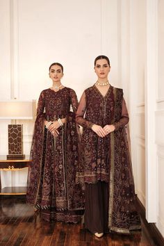 Chocolate Brown Embroidered Sharara Kameez Wedding Dress Net Sleeves, Embroidered Sharara, Organza Sleeves, Pakistani Wedding Dress, Chiffon Collection, Embroidered Sleeves, Luxe Wedding, Net Dupatta, Pakistani Suits