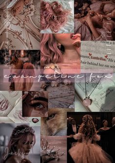 a collage of photos with words and pictures on them, including an image of a woman in a dress