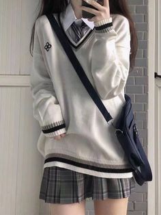 Fabric: viscose, wool School Uniform Outfits, School Uniform Fashion, Your Adorable, Kawaii Fashion Outfits, Knit Sweaters, Kpop Fashion Outfits, Korean Street Fashion, School Fashion, Casual Style Outfits