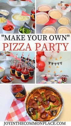 a pizza party with lots of food and drinks to make it look like someones birthday