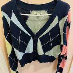 New With Tags American Eagle Cropped Argyle Cardigan Sweater Navy Blue With Green, Pink, Blues Size Medium Never Worn Argyle Cardigan, Queer Fashion, Argyle Sweater, American Eagle Outfitters, Pink Blue, Sweater Cardigan, American Eagle, Sweaters & Cardigans, Navy Blue