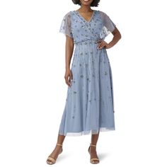 Vintage Blue Evening Gowns With Sleeves, Embellished Midi Dress, Embellished Shorts, Beaded Ankle, Blouson Dress, V Neck Midi Dress, Tea Length Dresses, Review Dresses, Gowns With Sleeves