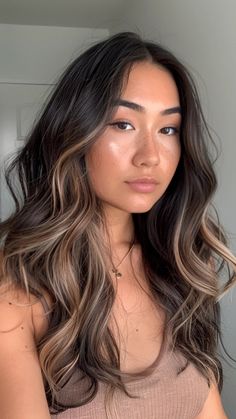 Balayage On Long Black Hair, Soft Dark Balayage, Soft Brown Balayage Subtle Highlights, Highlighted Hair For Black Hair, Soft Balayage Black Hair, Subtle Hair Highlights For Black Hair, Dimension In Brown Hair, Natural Dark Hair Balayage, Balayage Hair With Dark Brown Hair