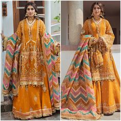 A mustard colored organza shirt has zari and resham embroideries inspired from Mughal miniature florals in the shades of feroza and blush pink. It is hand embellished with dabka, gotta, cutdana to bring the shirt to life. The sharara has a generous spray of florals and a composed border. The dupatta is a tircha patti of feroza, blush pink and mustard and embroidered with tilla and resham. Brand : Mohsin Naveed Ranjha Code :  07-Henna Unstitched Fabric Details : Embellished Front & Back (Organza) Embellished Sleeves (Organza) Embroidered laser cut dupatta (Organza) Embroidered Dupatta Border (Organza) Embroidered Garara (Organza) Replicate Designs  by Libaas Khaas Gold Anarkali Sharara For Traditional Ceremonies, Gold Sharara For Traditional Ceremonies, Yellow Embroidered Anarkali Set In Georgette, Gold Embroidered Traditional Wear In Shantoon, Gold Organza Straight Kurta Traditional Wear, Yellow Embroidered Anarkali Set For Eid, Traditional Gold Salwar Kameez In Shantoon, Gold Raw Silk Lehenga With Chikankari Embroidery, Gold Chinon Unstitched Suit For Navratri