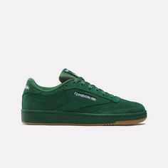 Taking their cue from the '80s court classic, these Reebok shoes are all about simplicity. A suede upper and gum outsole give them a look that pairs with jeans or leggings for instantly timeless style. Dark Green Sneakers, White Reebok, Club C 85, Reebok Club C, Green Sneakers, Mens Club, Club C, Reebok Shoes, Clean Shoes