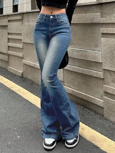 Blue  Collar  Denim Plain Flare Leg Embellished High Stretch  Women Clothing Retro Flare Jeans, Modeling Clothes, Gray Denim Pants, Vintage Jeans Style, I'm Broke, Jean Vintage, Bottom Jeans, Outfit Jeans, Stil Elegant