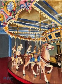 a painting of two horses on a merry go round