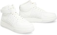 Step up your style game with these luxurious high-top sneakers. Crafted from premium pebbled leather with embossed side logos, these sneakers exude sophistication and elegance. The round toeline adds a sleek and modern touch, making them the perfect choice for fashion-forward individuals who appreciate quality and attention to detail. Indulge in the finest materials with these 100% calf leather sneakers that are designed to elevate your everyday look. Whether you're dressing up a casual outfit o Givenchy Man, Leather High Tops, Athleisure Wear, Leather Cap, High Top Shoes, Casual Backpack, Fall And Winter, Lanvin, Sneakers White