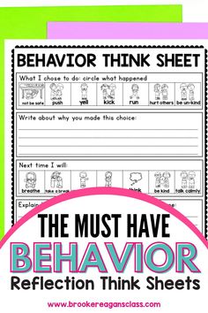 behavior worksheet with the words behavior think sheet in pink and green, on top of