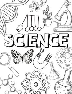 the word science surrounded by doodles and other things in black ink on a white background